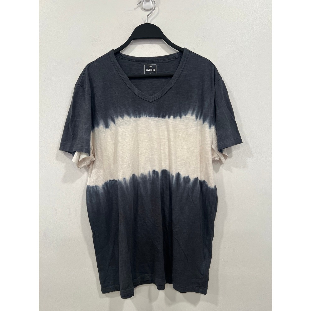 Gap T-Shirt Lived-In Men Large Black White Tie Dye 100% Cotton V-Neck T-Shirt